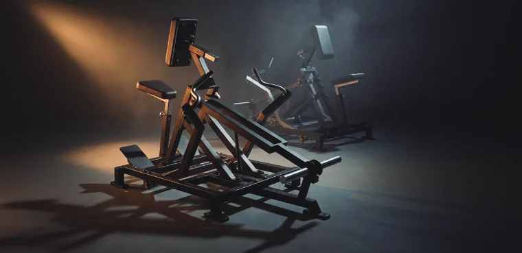 Equipamentos de musculação em ambiente escuro com iluminação direcionada