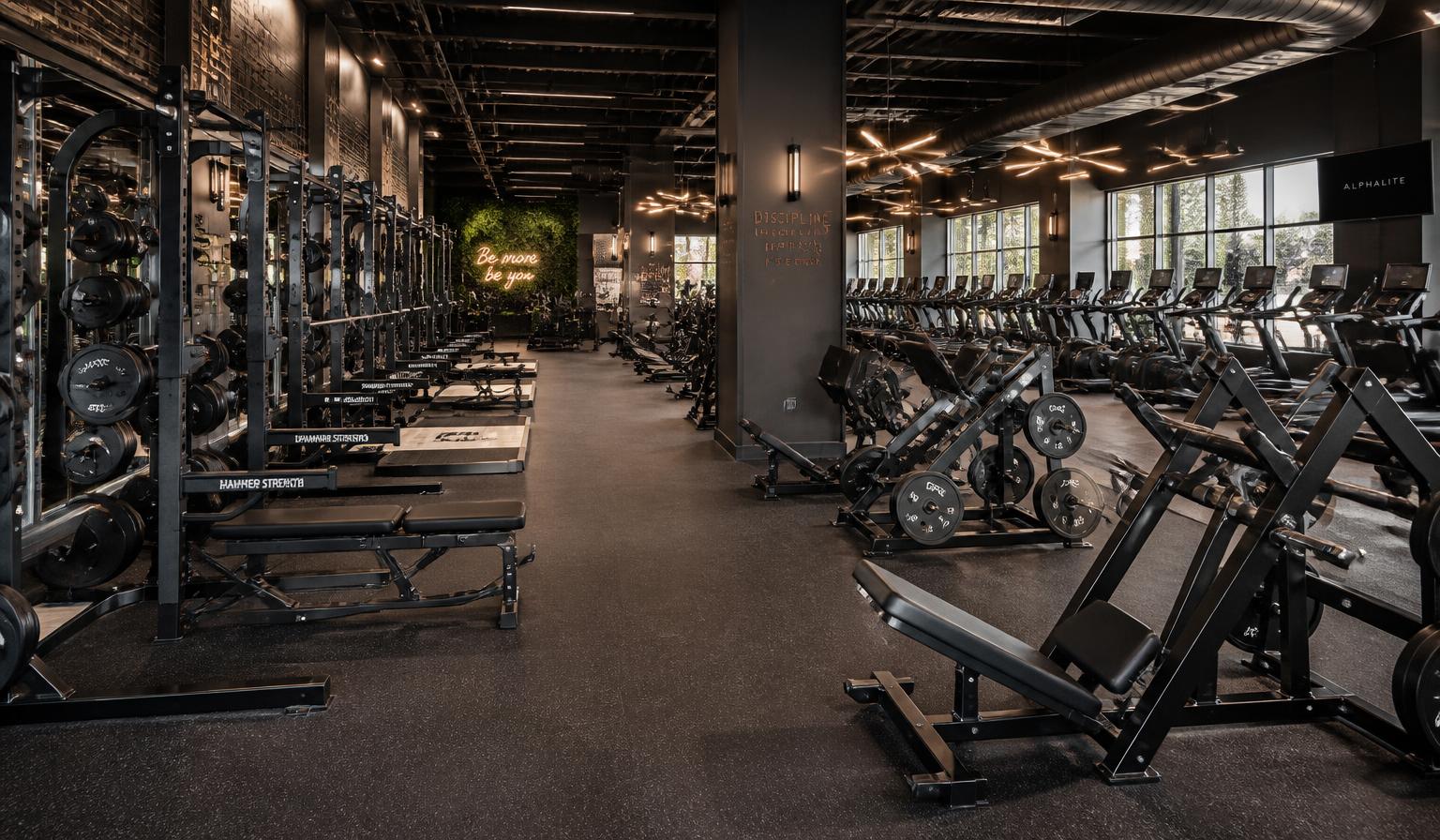 Academia comercial completa com racks, máquinas de força e esteiras