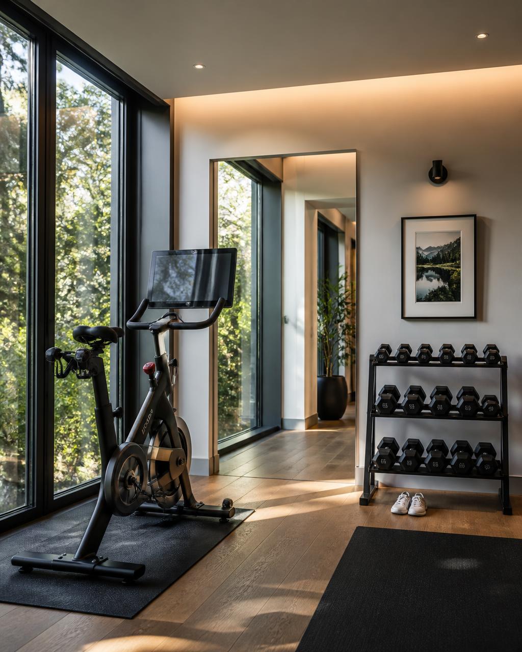 Bicicleta de treino e rack de halteres em espaço residencial moderno